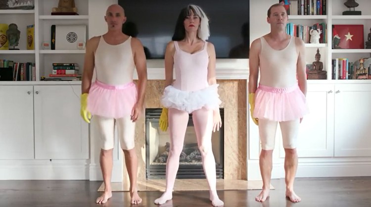 lady and 2 men in leotards and tutus