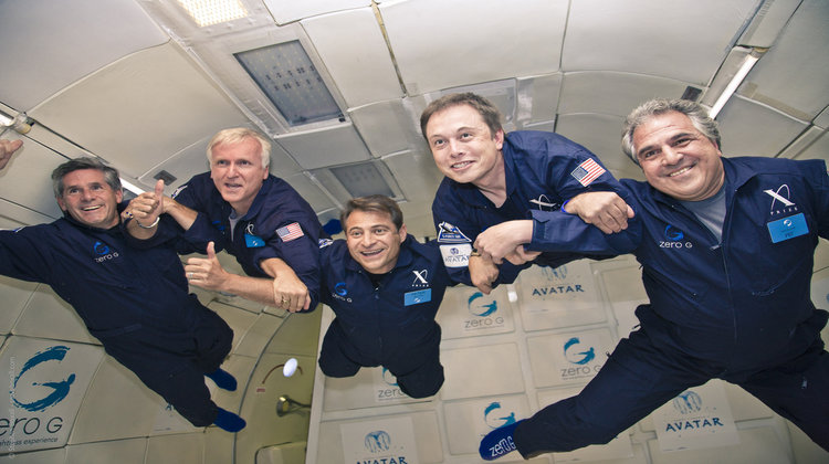 Elon Musk floating in the air with several others