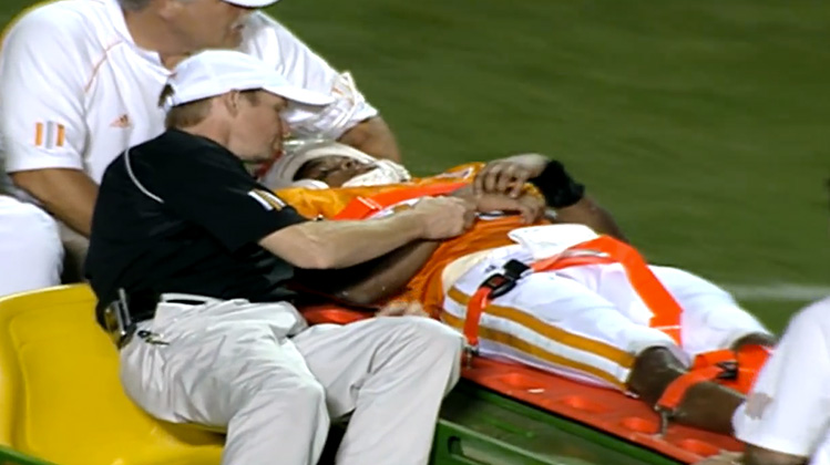 Inky Johnson being carted off field on stretcher at Vols football game