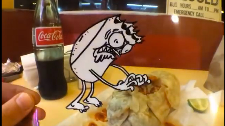 Hand drawn doodle monster eating real burrito.