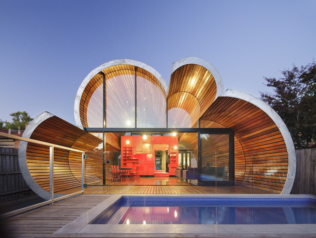 Modern home with rounded roofs shaped like flower
