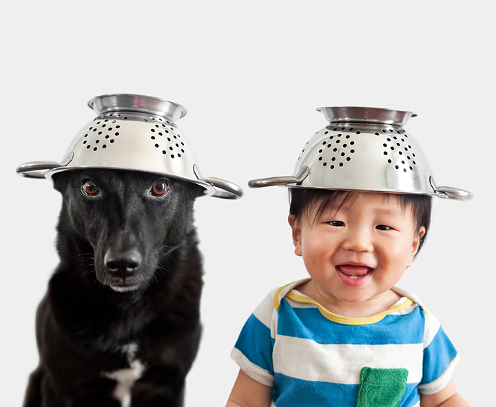 dog and baby wearing strainers as hats