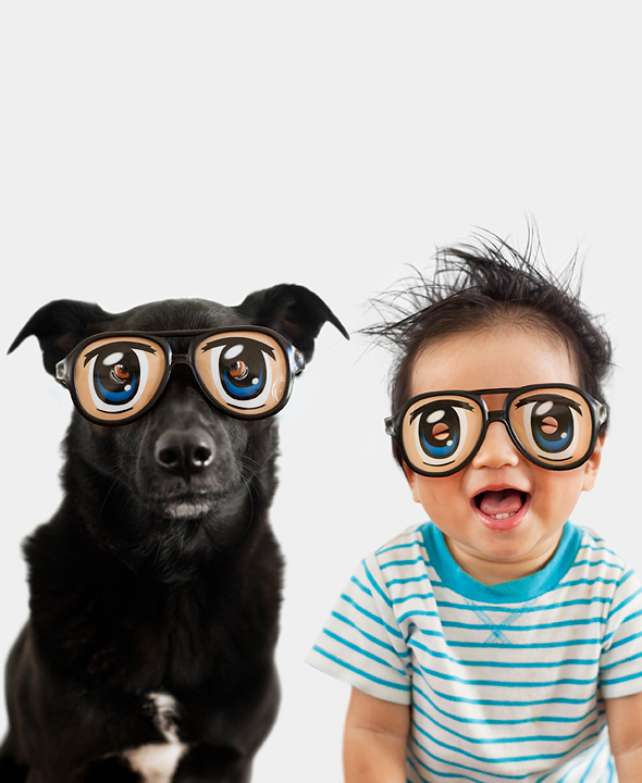 dog and baby wearing silly glasses