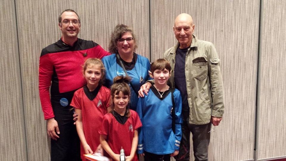 dawn garrigus and family dressed up as star trek characters with patrick stewart