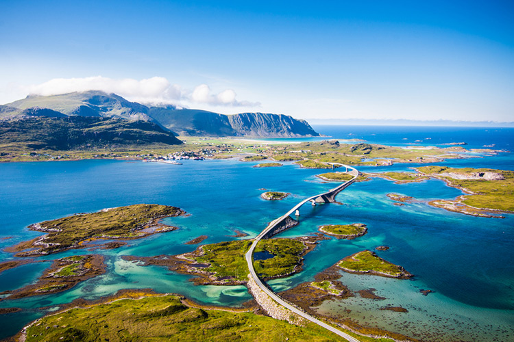 Beuatiful picture of the waters and bridges of Fredvang, Norway