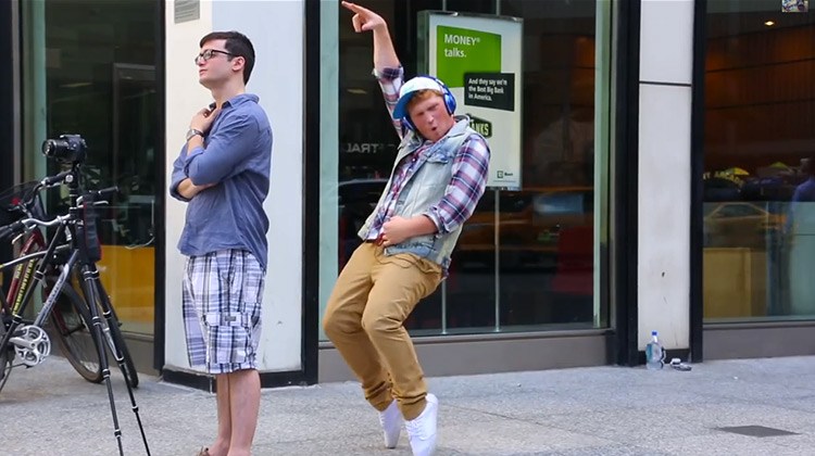 Stuart Edge doing classic Michael Jackson dance move in public