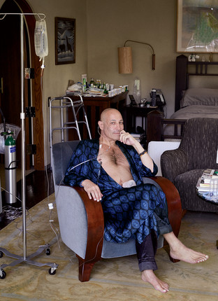 sam simon at home in robe with chemo equipment