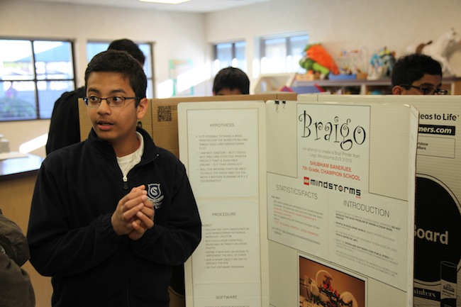 Shubham Banerjee presenting science project braigo