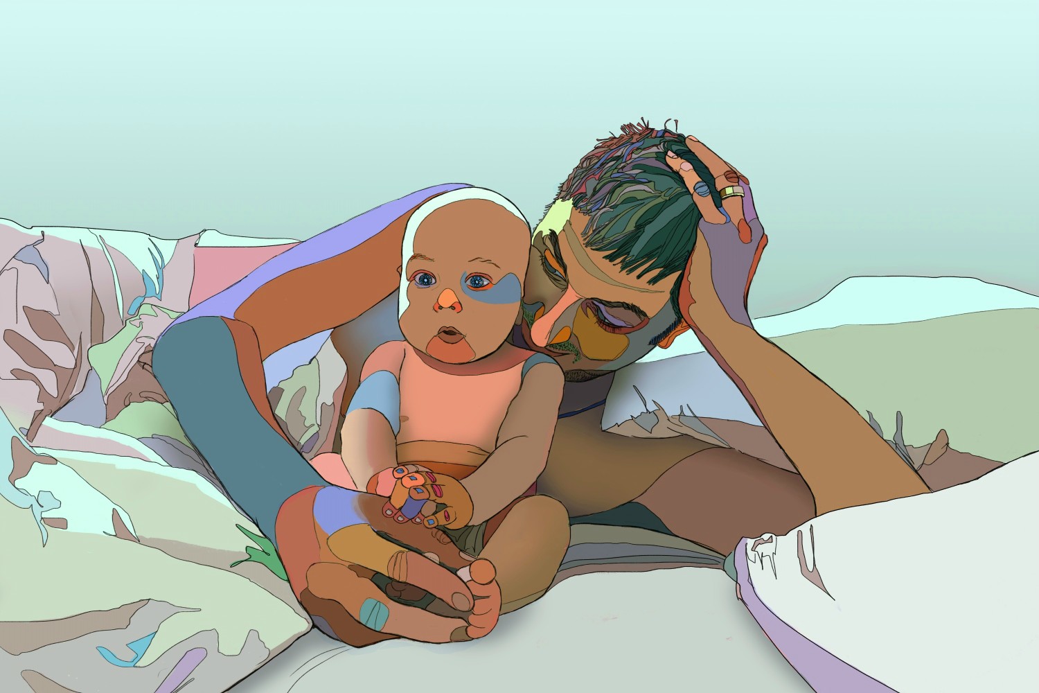 painting of baby and dad hanging out