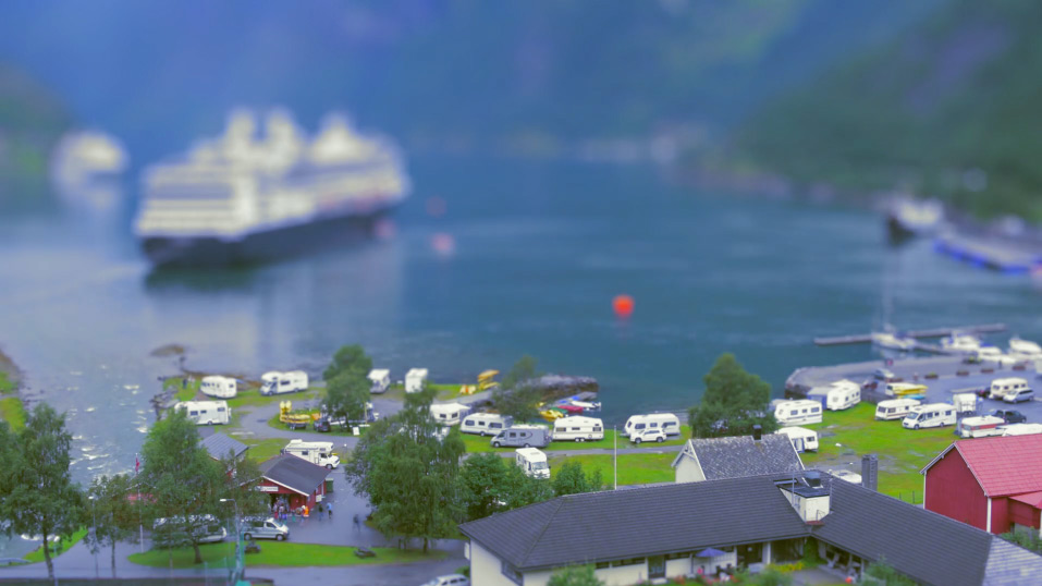 Tilt shift photography perspective of boats in Norway 