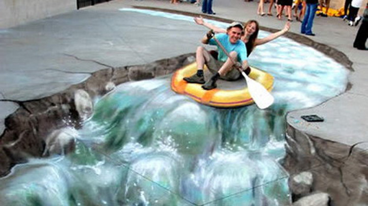 3-D street art of people rafting