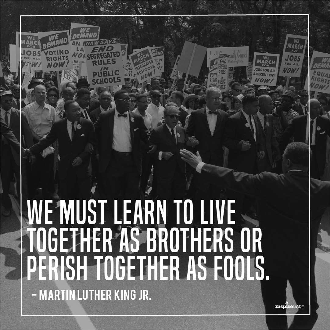 MLK Jr quote - We must learn to live together as brothers or perish together as fools.