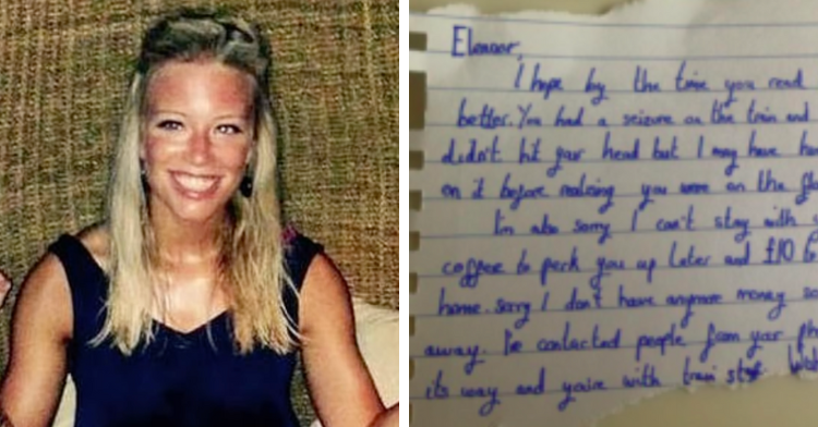 a two-photo collage. on the left there is a picture of ellie farnfield. on the right there is a picture of a note addressed to ellie and written by tom.