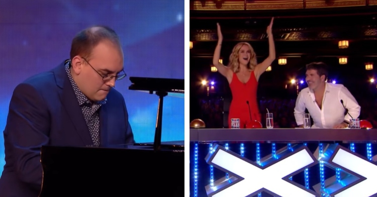 A two-photo collage. The first is a closeup of a man playing the piano. The second is of BGT judges standing up to clap.