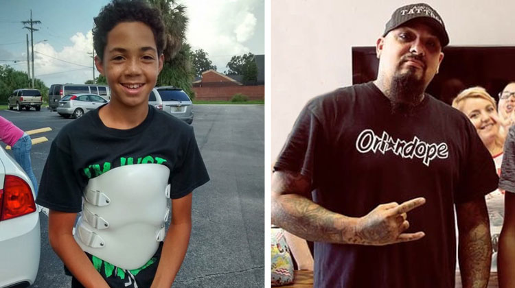 boy with white back brace and burly tattoo artist with black shirt