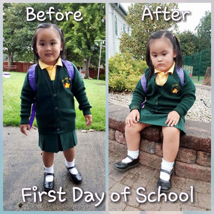 Little Girl In School Uniform Before And After School