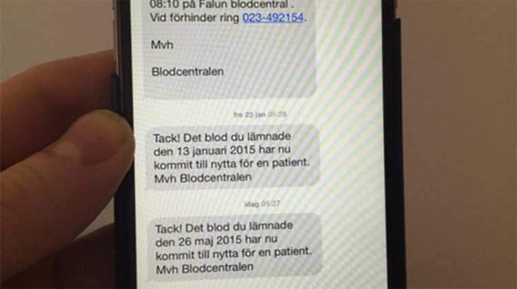 Sweden cell phone with text thanking blood donation