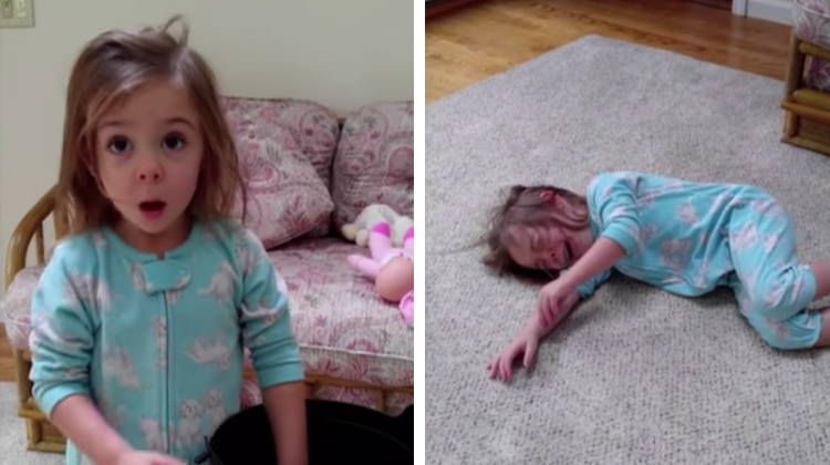 little girl in pajamas shocked then crying on floor