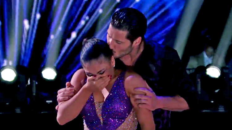 laurie hernandez in purple crying. kissed on head by partner