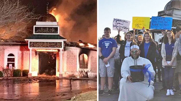 building on fire and muslim sitting in front of group of christian high schoolers
