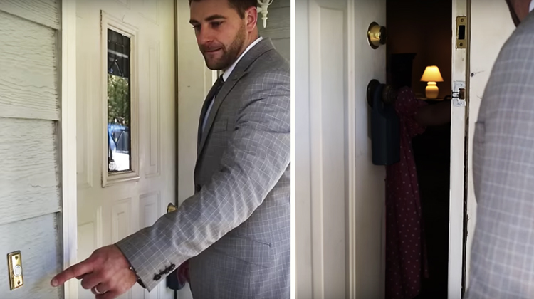 man ringing doorbell and door opening