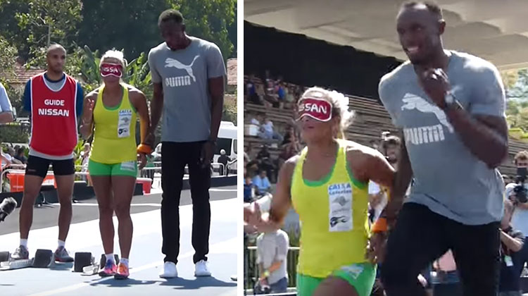 usain bolt stands next to paralympian in yellow and green, runs as guide