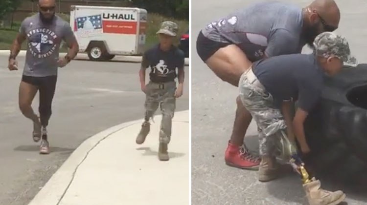veteran and one legged boy in military gear train.