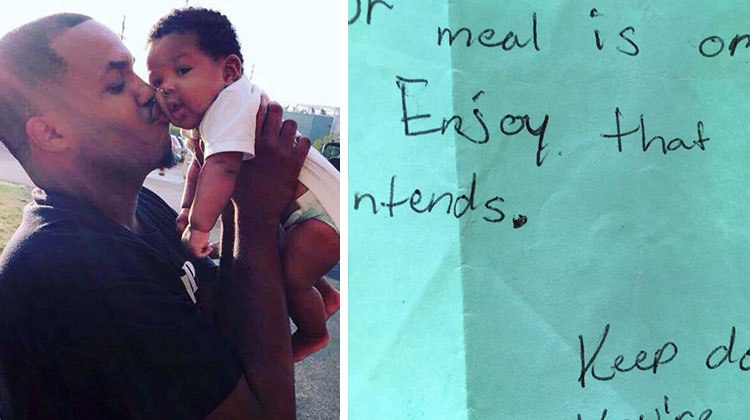 dad holding baby up and kissing cheek. teal note