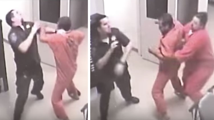 inmate punches guard, other inmate in orange steps in