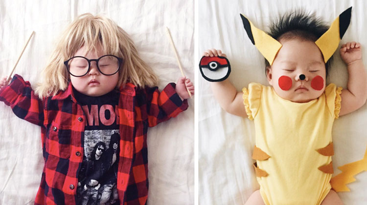 sleeping baby dressed up as pikachu