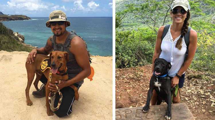 guy and girl with their shelter dogs in hawaii