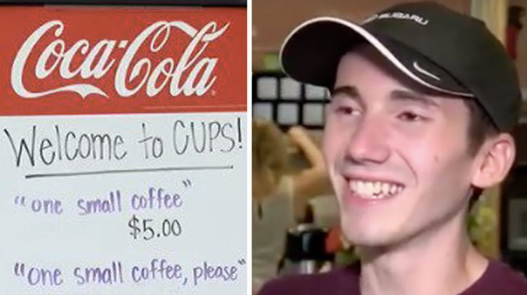 a two-photo collage. on the left there is a picture of coffee shop pricing policy, and on the right there is a picture of the employee that came up with the idea.