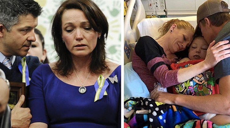 mom tearful and then mom and dad hold son in hospital