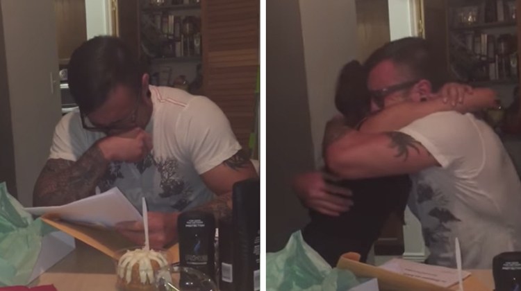 man in tears then hugging girl