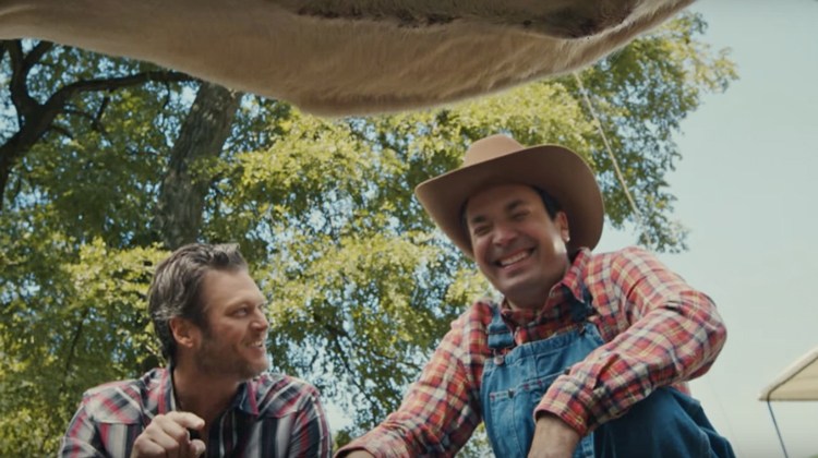 blake and jimmy at farm laughing
