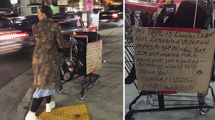 woman takes homeless cart