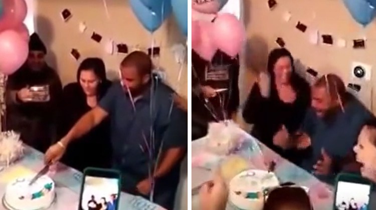 couple cuts into cake, dad with shock face