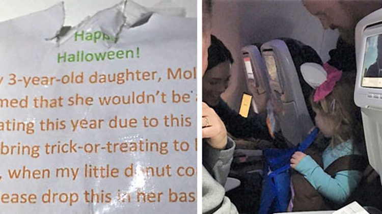 note in shape of pumpkin and little girl trick or treating on plane