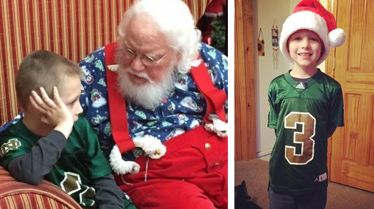 little boy with santa and then in santa hat