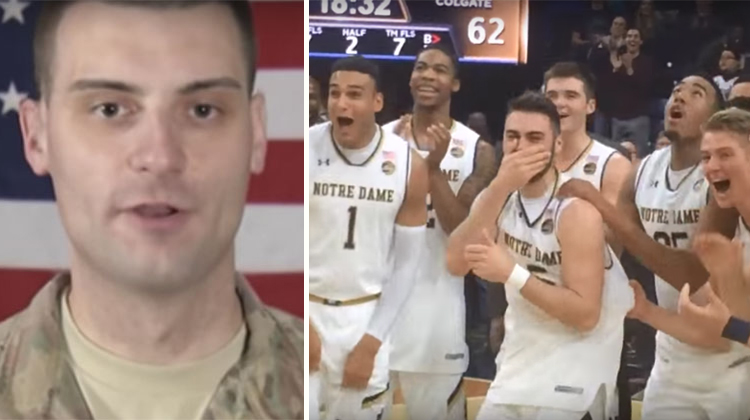 soldier in front of flag, basketball players in shock