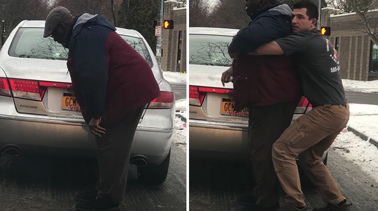 man hunched over by car, then young man giving heimlich