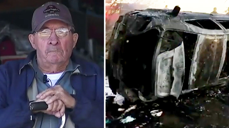 old man and burnt car