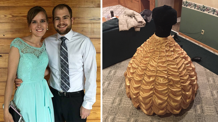 couple and yellow ballgown skirt on mannequin