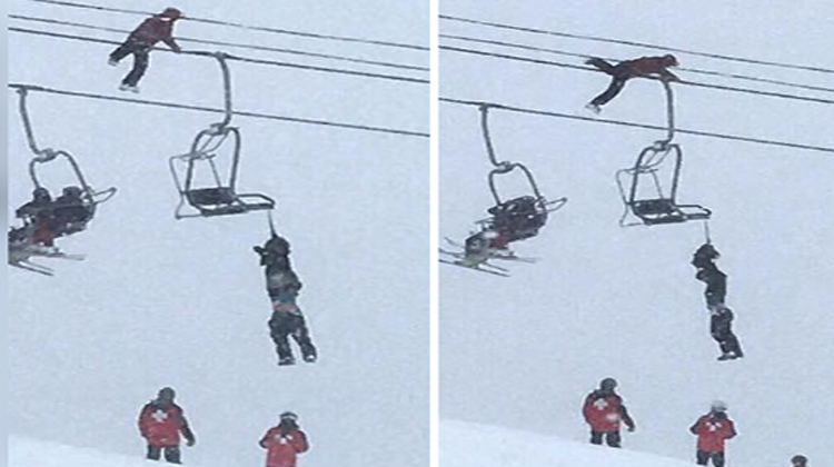 man climbs cables as another man dangles from lift chair