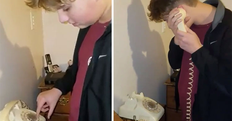 son tries to use rotary phone