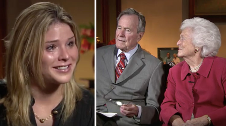 blonde crying and bush holding glasses with barbara looking adoringly at him