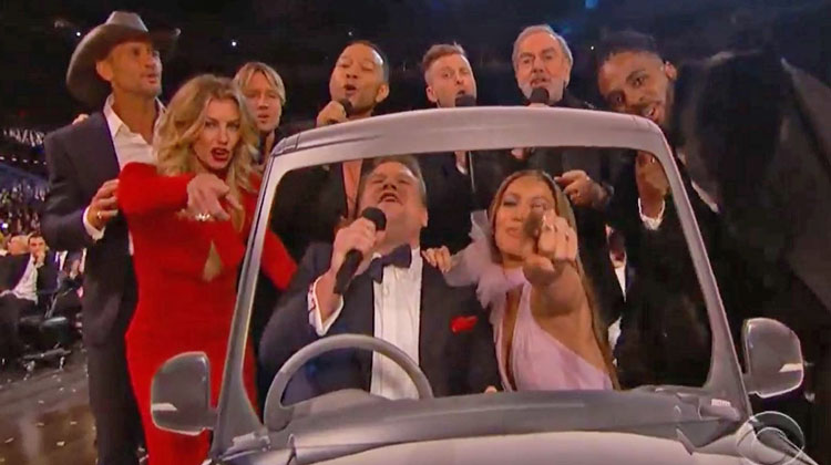 stars in formal wear next to carpool karaoke with james corden at grammys