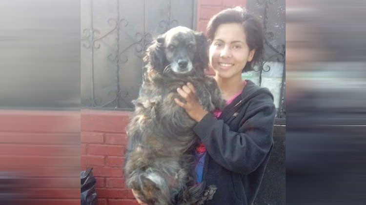 girl holding black dog