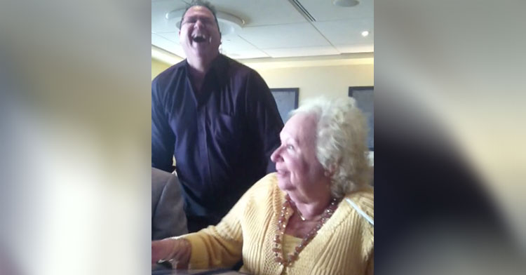 man surprises mom at lunch