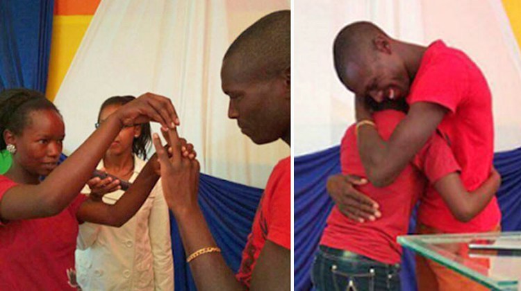 couple in red t shirts get married